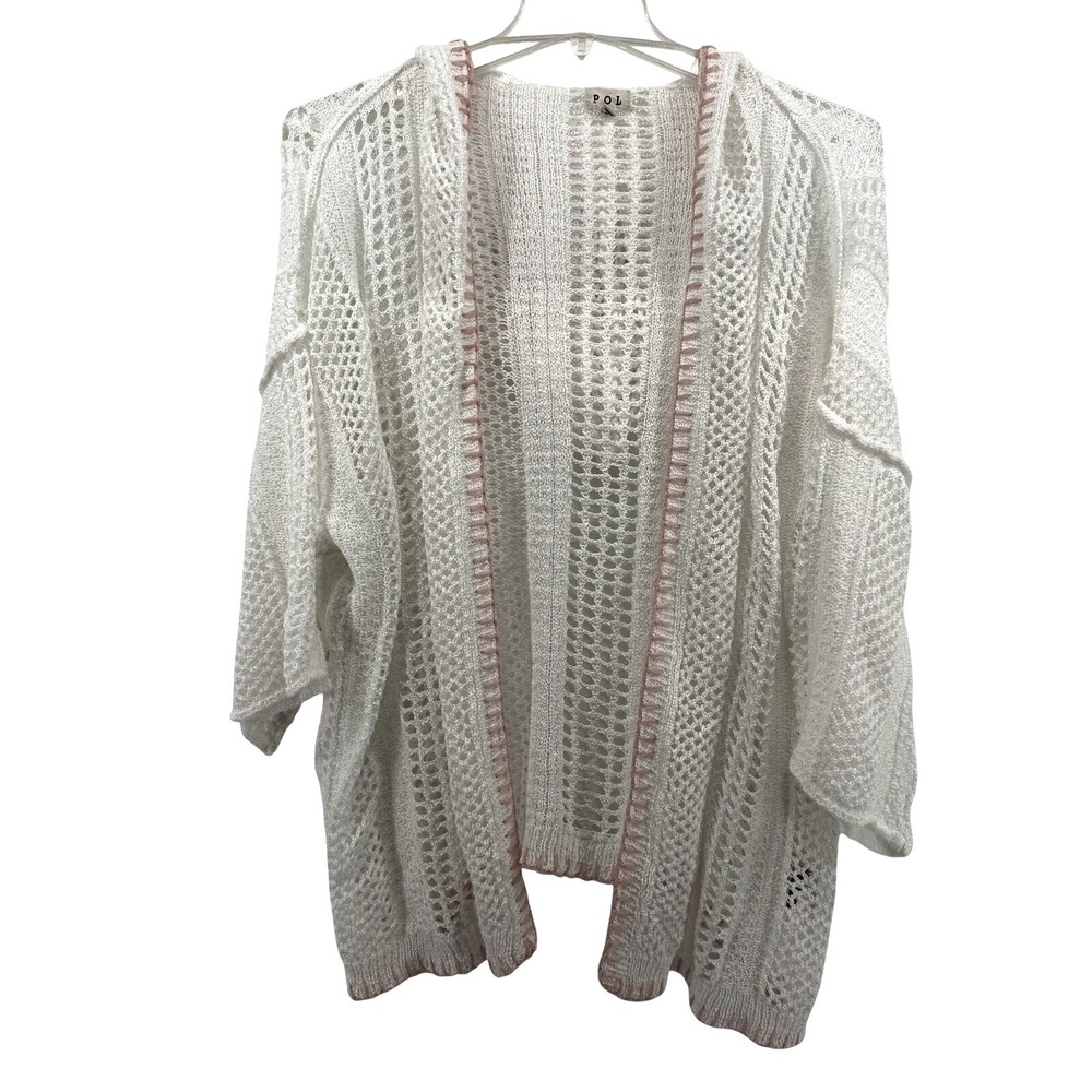 POL Beach‎ Walks White Crochet Knit Hooded Cardigan Pink Trim Open Front Small